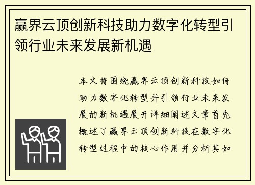 赢界云顶创新科技助力数字化转型引领行业未来发展新机遇